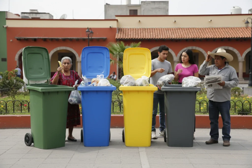 Ciudadanos confundidos en la clasificación de residuos frente a contenedores verdes, azules, amarillos y grises