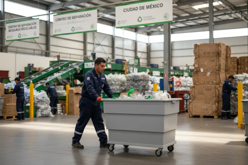 Trabajador en centro de separación de residuos de la Ciudad de México utilizando un contenedor gris para materiales reciclables.