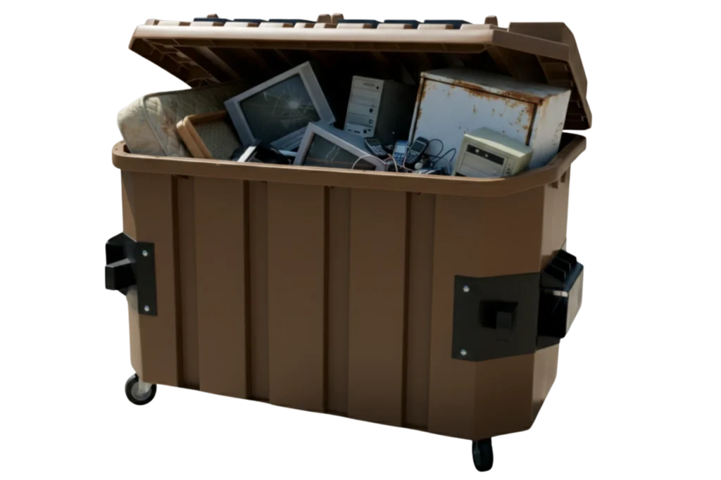 Depósito marrón diseñado para almacenar residuos voluminosos y aparatos electrónicos fuera de uso.