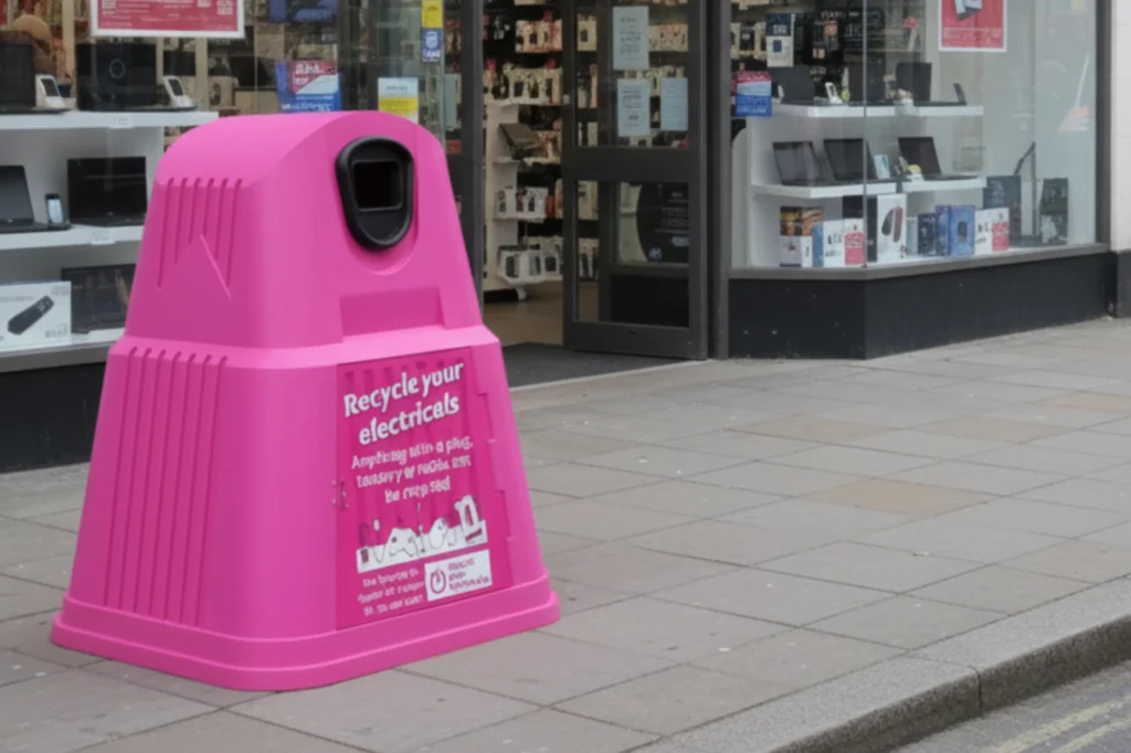 Contenedor de color rosa en Reino Unido que inspira nuevas propuestas para el reciclaje de electrónicos