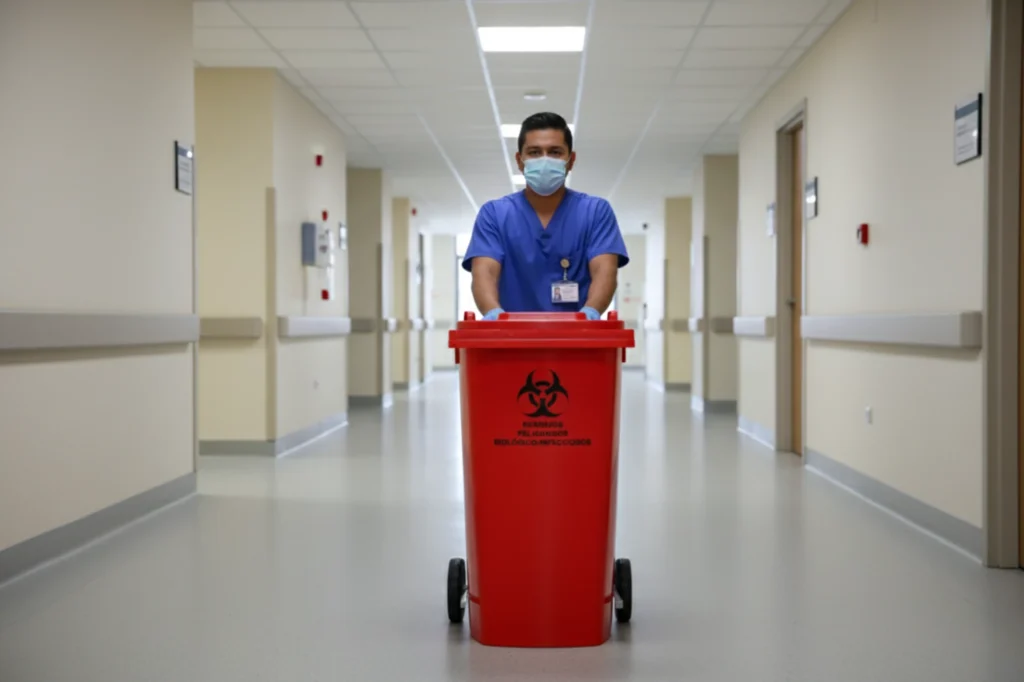Unidad roja para desechos biológico-infecciosos trasladada por un trabajador médico en un hospital.