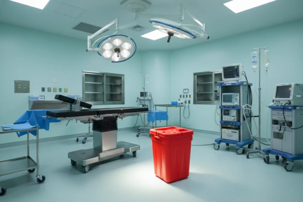 Depósito rojo diseñado para residuos médicos ubicado en una sala quirúrgica.