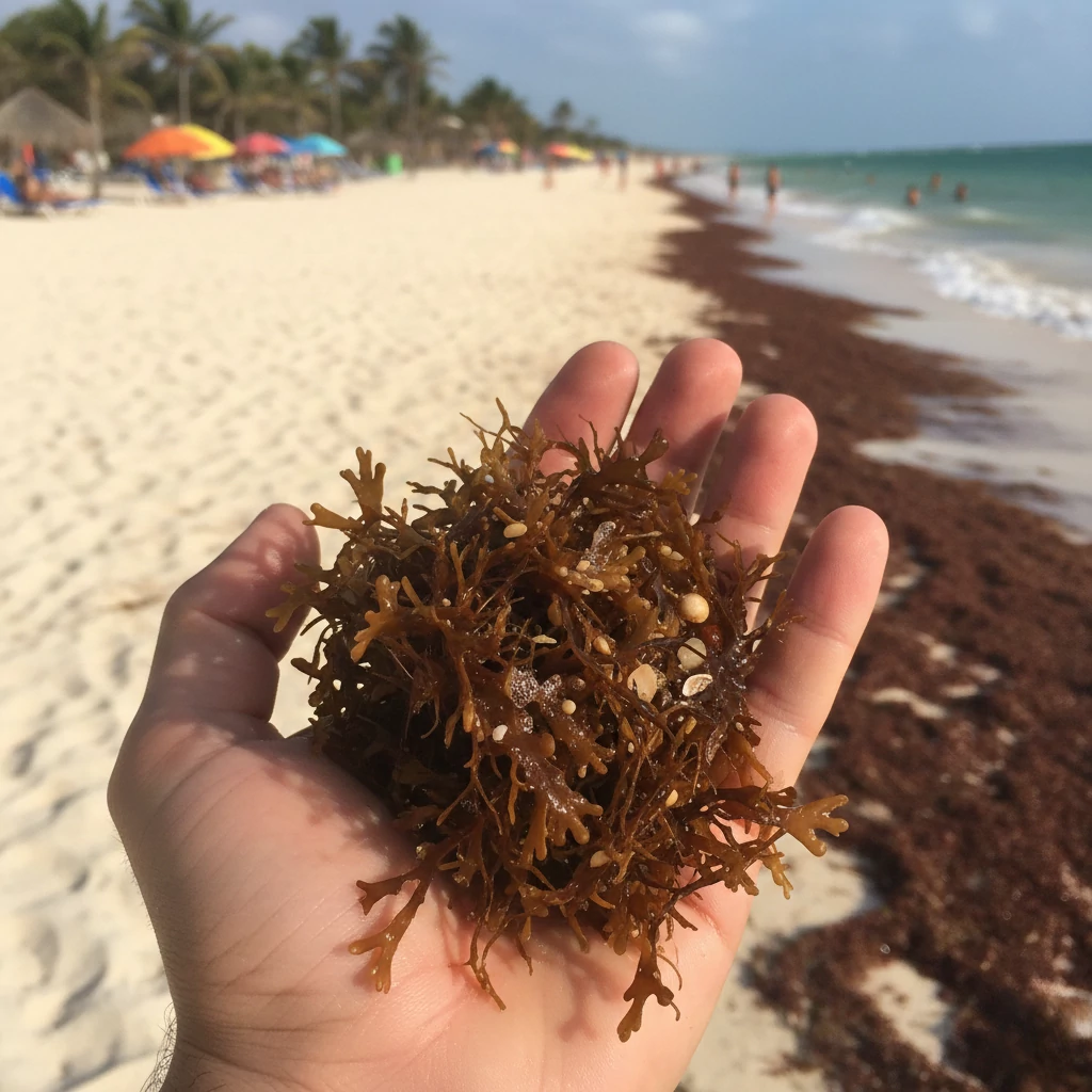 Detalle de sargazo recién recolectado en la playa, materia prima esencial para proyectos de reciclaje de sargazo en México.