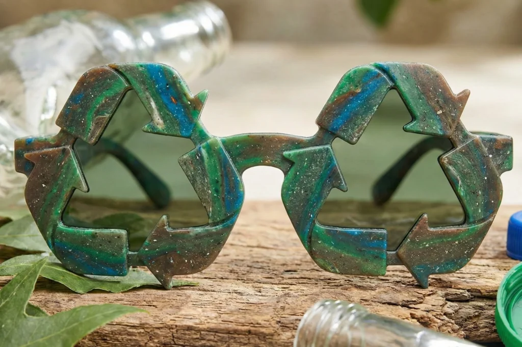 Lentes fabricados con materiales recuperados, mostrando cómo los anteojos reciclados pueden tener una segunda vida útil.