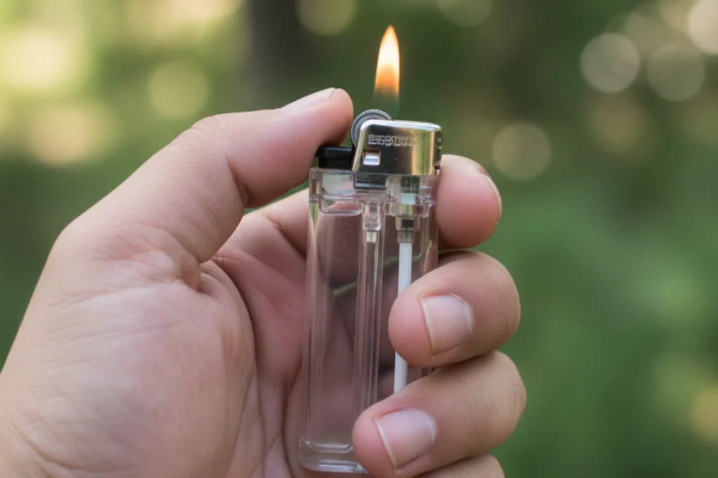 Persona sosteniendo un encendedor antes de desechar con seguridad