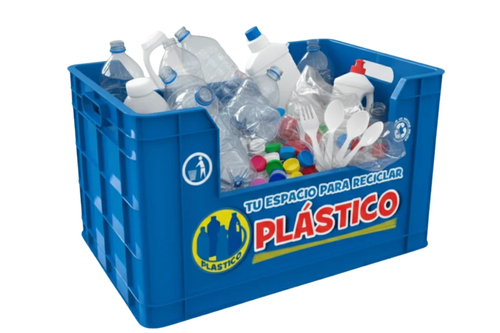 Recicaja azul para recolectar plásticos reciclables y fomentar el manejo responsable de los materiales.