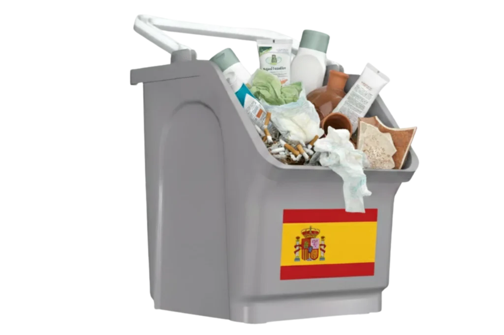 Depósito para reciclaje en España con residuos no reciclables como pañales, colillas y cerámica, mostrando la diferencia con México.