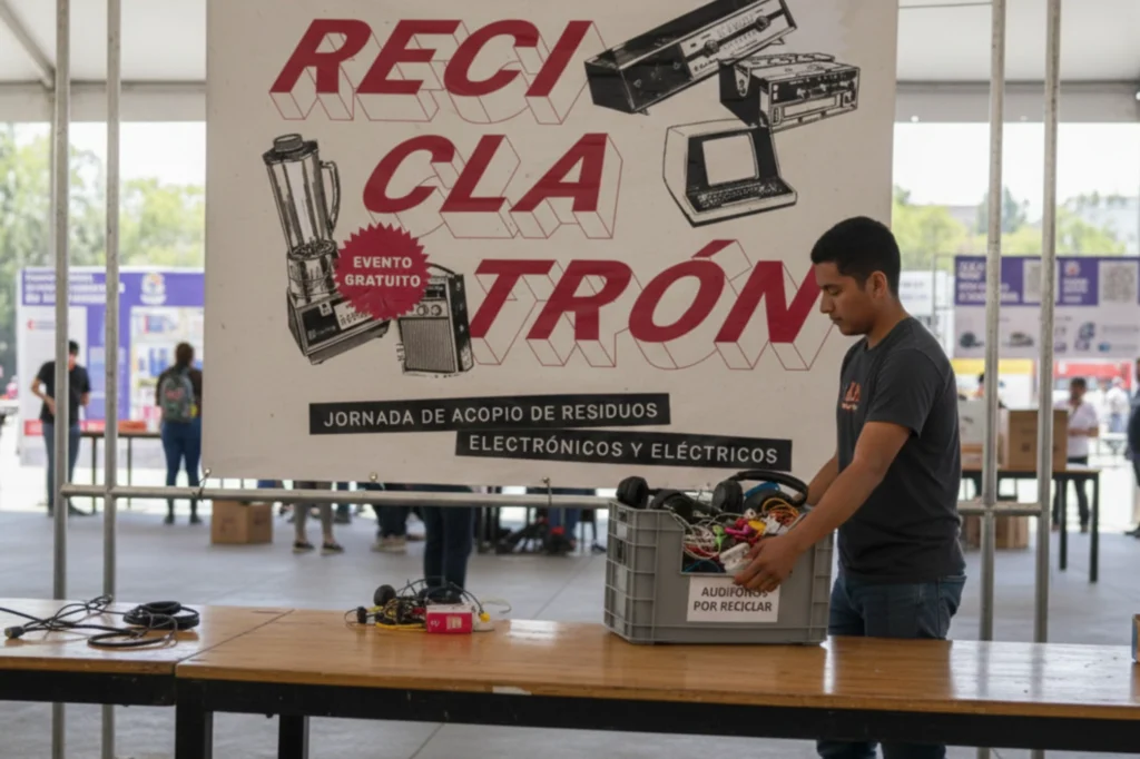 Centro de acopio Reciclatrón recibiendo audífonos y otros aparatos de audio para su gestión adecuada como RAEE.