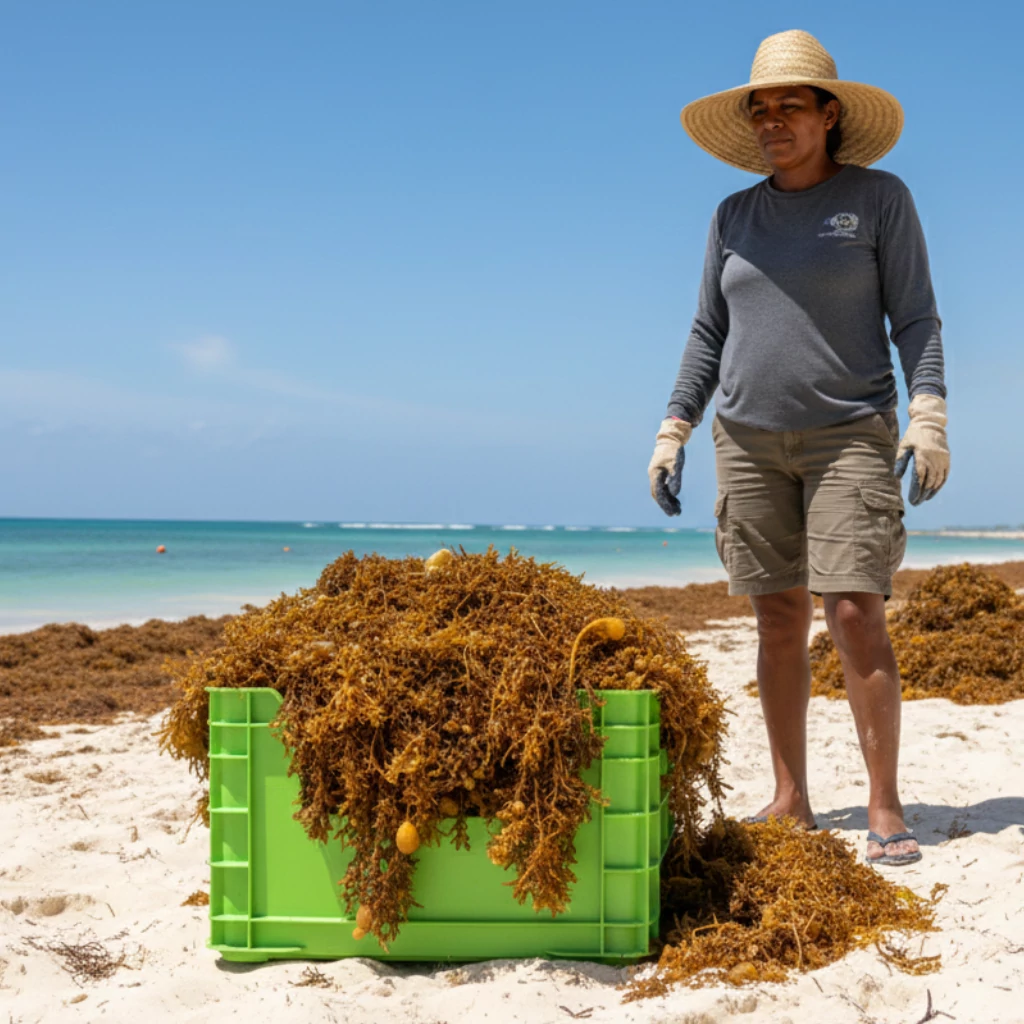 Trabajadora costera durante el aprovechamiento del sargazo, recolectando biomasa para usos productivos.