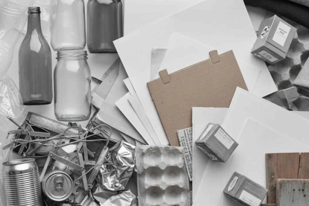Materiales para el contenedor gris: frascos de vidrio, latas de aluminio, cartón y papel limpios listos para reciclaje.