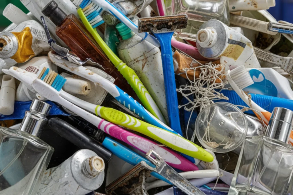 Residuos no reciclables de higiene personal como cepillos de dientes, rastrillos y envases vacíos de cosméticos