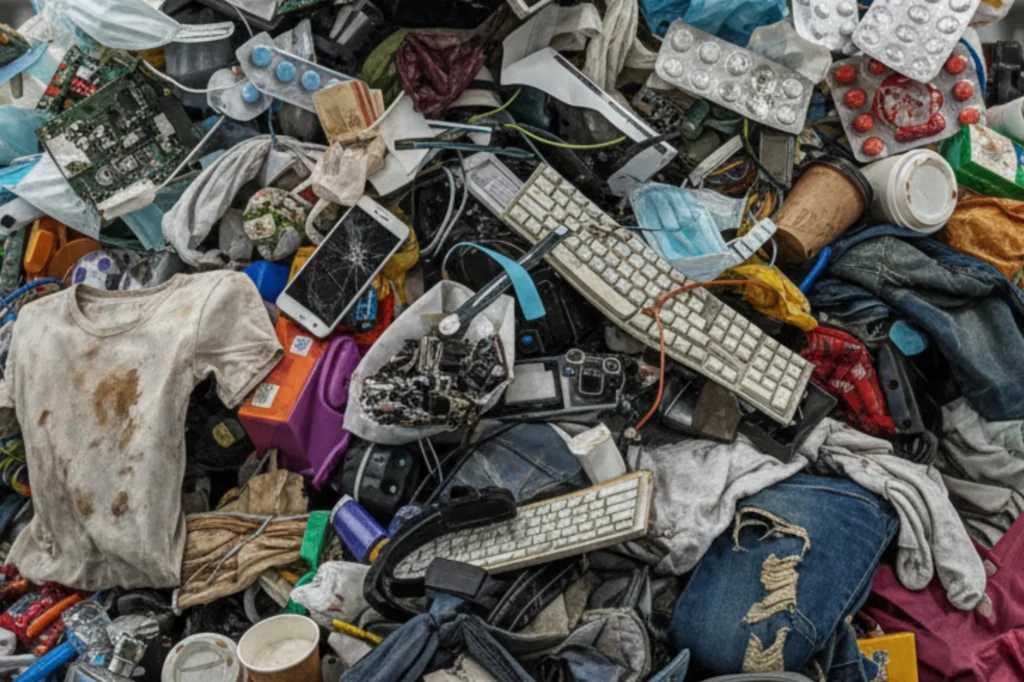 Residuos no reciclables combinados como ropa, electrónicos, plásticos y envases desechables que representan un grave problema ambiental.