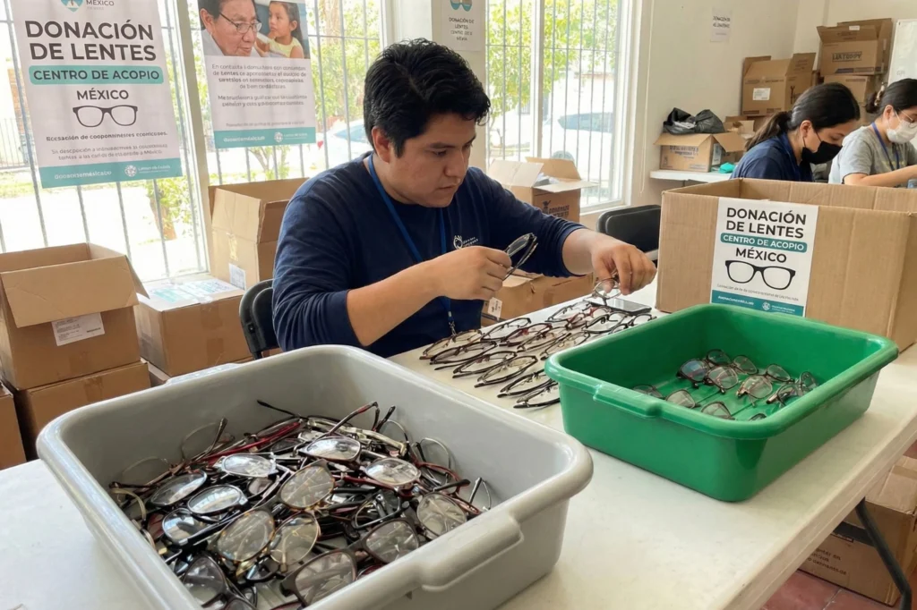 Voluntario revisando monturas en buen estado para su donación y reutilización dentro de programas de recuperación óptica.