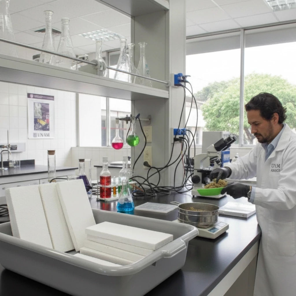 Investigación en laboratorio de la UNAM sobre el uso del sargazo para desarrollar materiales como el Sargapanel.