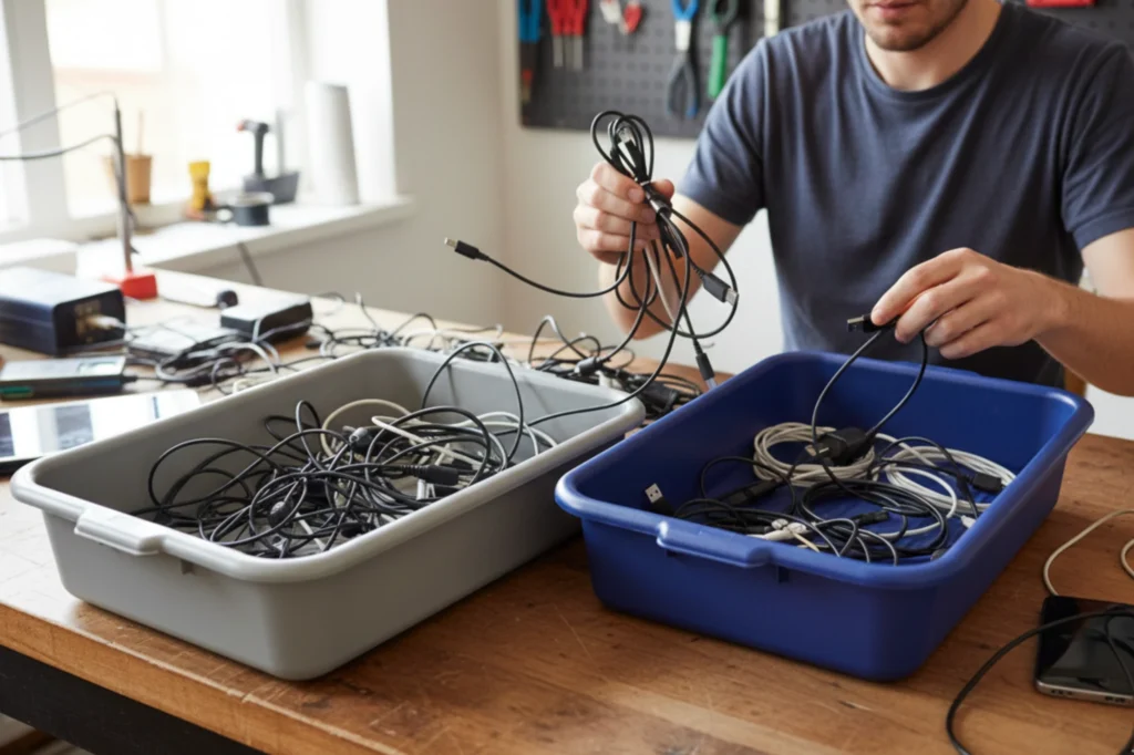 Clasificación de cable de carga y accesorios electrónicos dentro de bandejas para reciclaje.