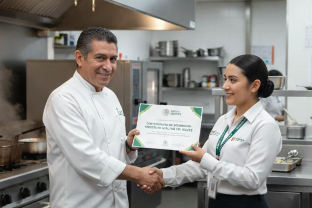 Chef de restaurante recibiendo constancia de cumplimiento de la NADF-012-ABMT-2015 por el manejo adecuado de aceite usado en cocina.