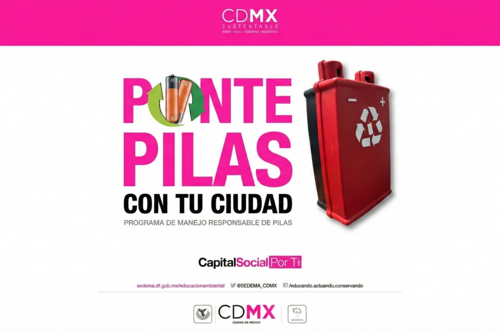 Imagen oficial del programa de recolección de pilas usadas en la Ciudad de México, una iniciativa ambiental para el manejo responsable de baterías domésticas.