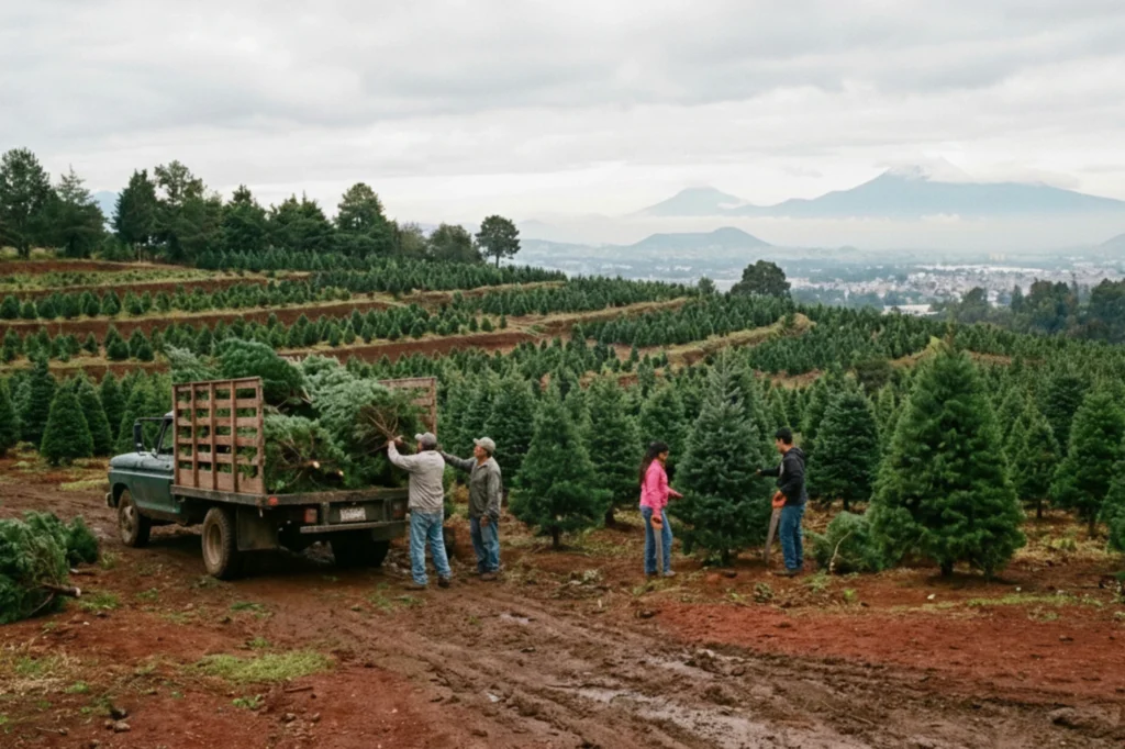Productores cargando árboles cortados en un campo de cultivo en CDMX, parte del proceso previo para reciclar el árbol de Navidad.