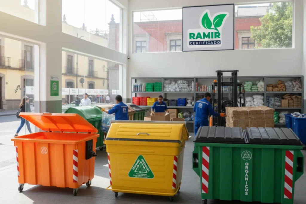 Centro de reciclaje en CDMX con contenedores y personal operativo mostrando la certificación RAMIR en un entorno ordenado y profesional.