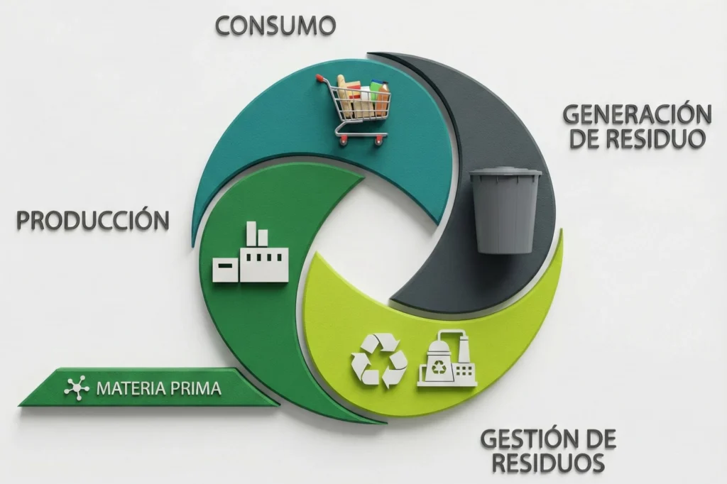 Ley de economía circular ilustrada en un esquema que muestra producción, consumo y gestión de residuos como un ciclo continuo