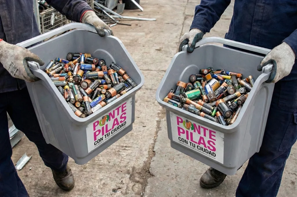 Contenedores llenos de pilas usadas recolectadas como parte de la campaña ponte pilas con tu ciudad para el manejo responsable de residuos.