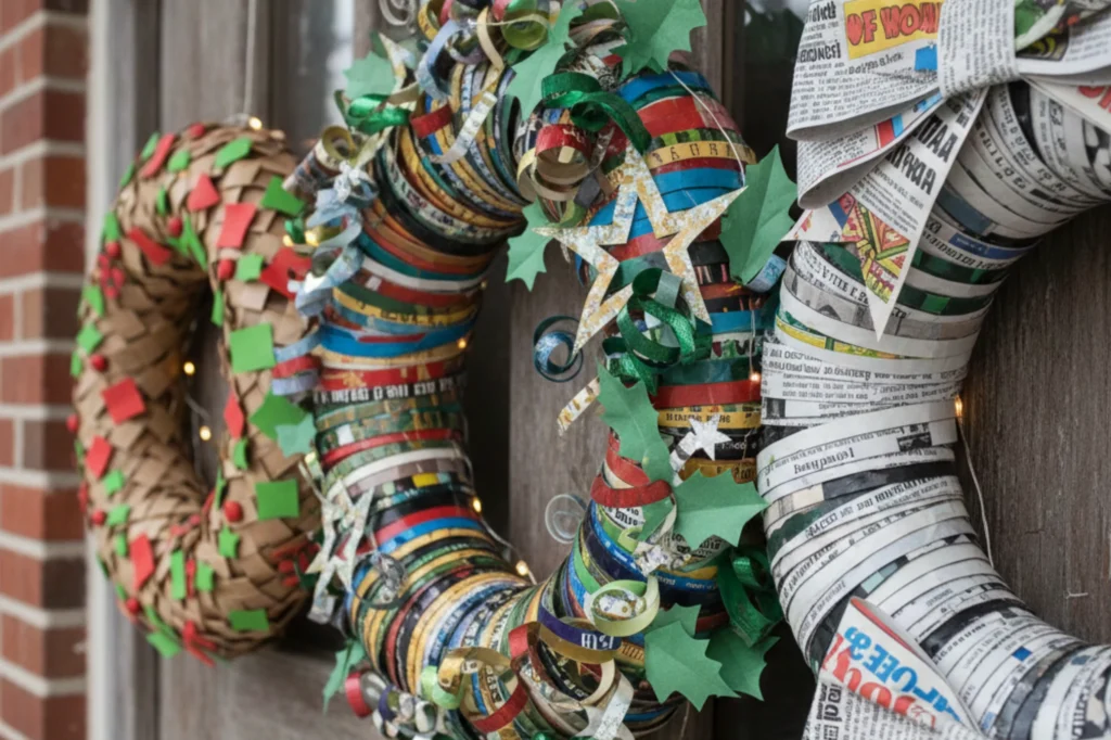 Coronas navideñas elaboradas con materiales reutilizados como tiras de papel, revistas y cartón decorado.