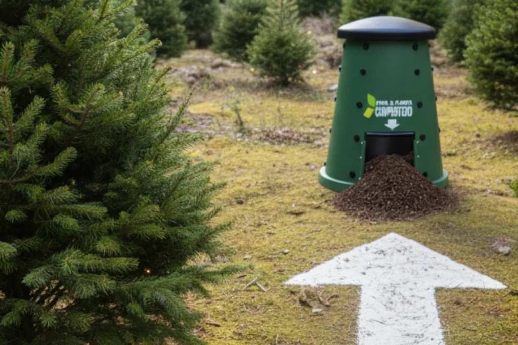 Árbol triturado convertido en composta dentro de un bosque, mostrando el resultado del reciclaje de árboles navideños