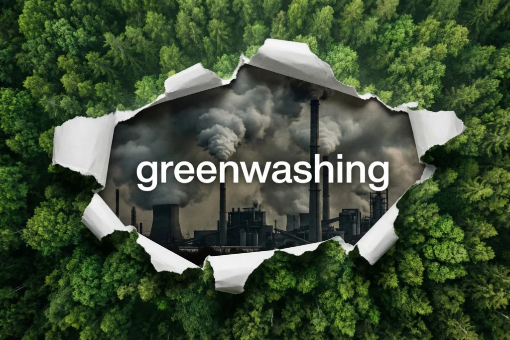 Greenwashing representado como una fachada verde que oculta contaminación industrial detrás de un paisaje natural