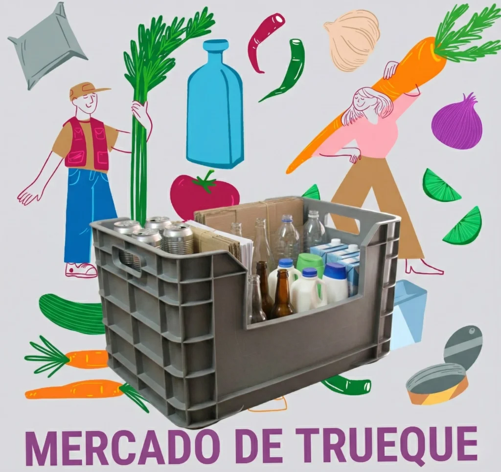 mercado de trueque en la Ciudad de México donde personas intercambian residuos reciclables por alimentos y plantas