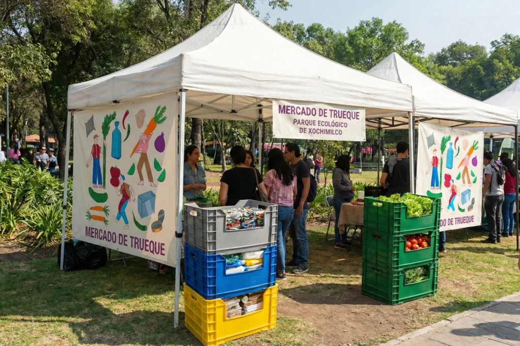 mercado de trueque en CDMX con contenedores de reciclaje, botellas, latas y productos agrícolas