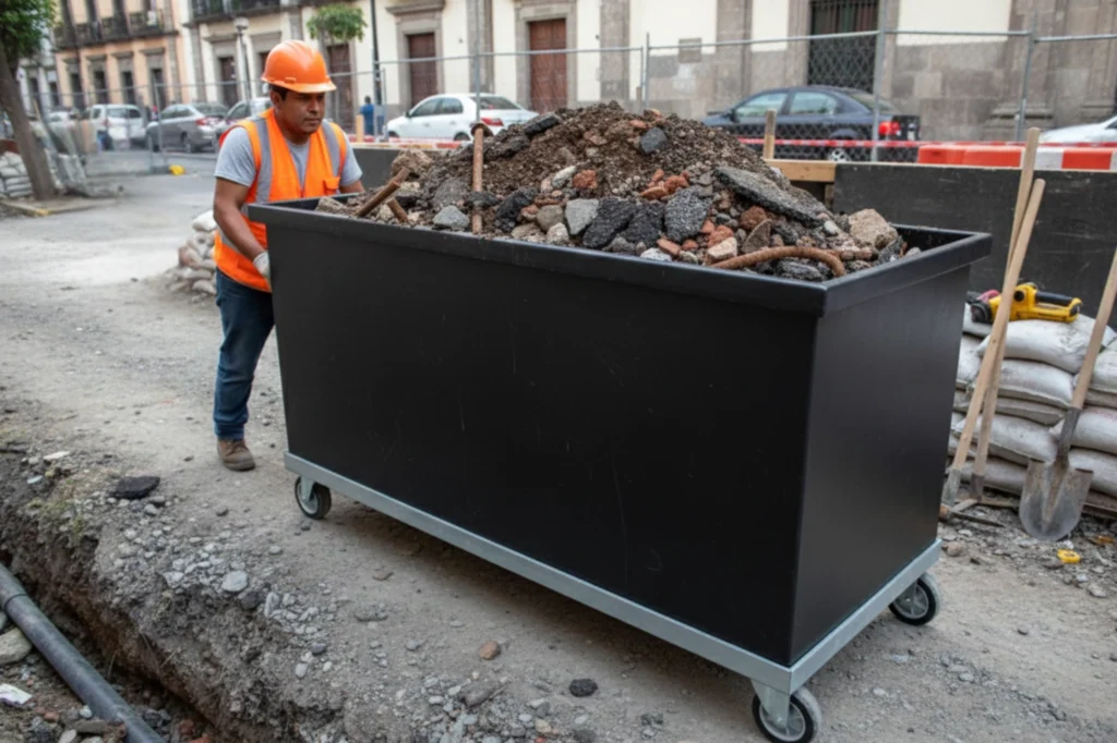 Trabajador moviendo contenedor con residuos de obra, cumpliendo la gestión establecida por la NACDMX-007-RNAT-2019.