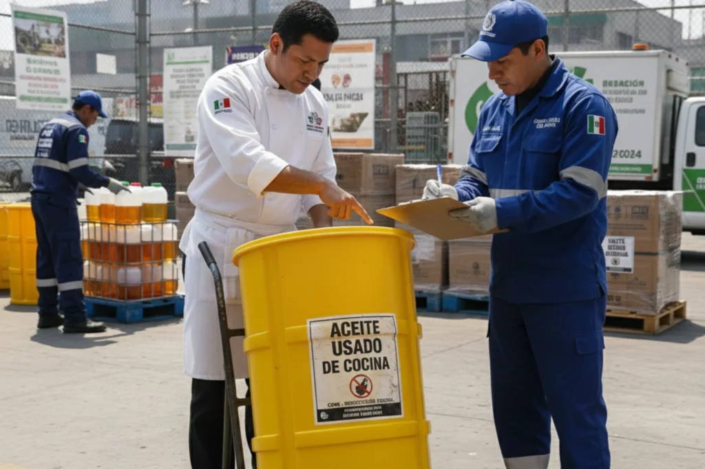 Personal de cocina entregando un contenedor de aceite usado conforme a la NADF-012-ABMT-2015 a personal autorizado en un centro de acopio de CDMX.