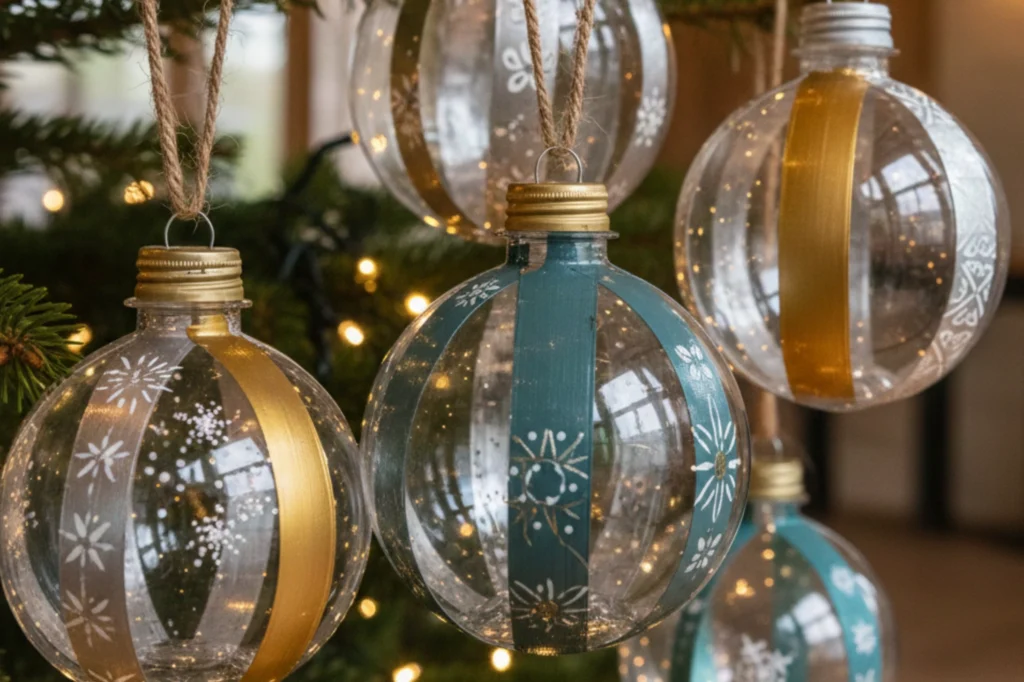 Adornos navideños reciclados creados con esferas hechas de botellas PET decoradas a mano.