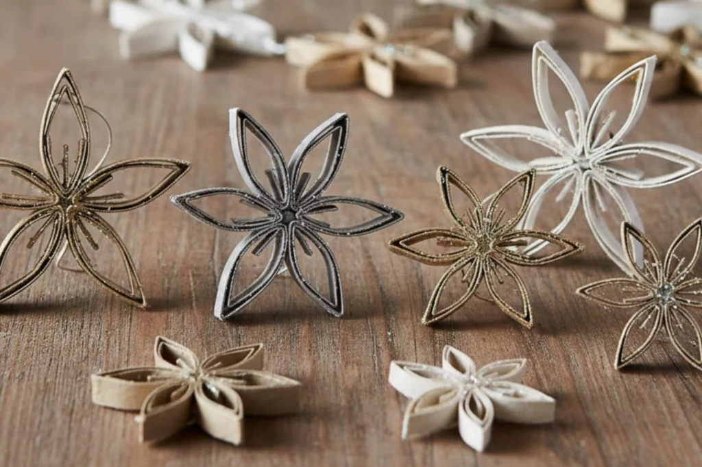 Estrellas decorativas navideñas hechas con cartón reciclado y detalles pintados a mano.