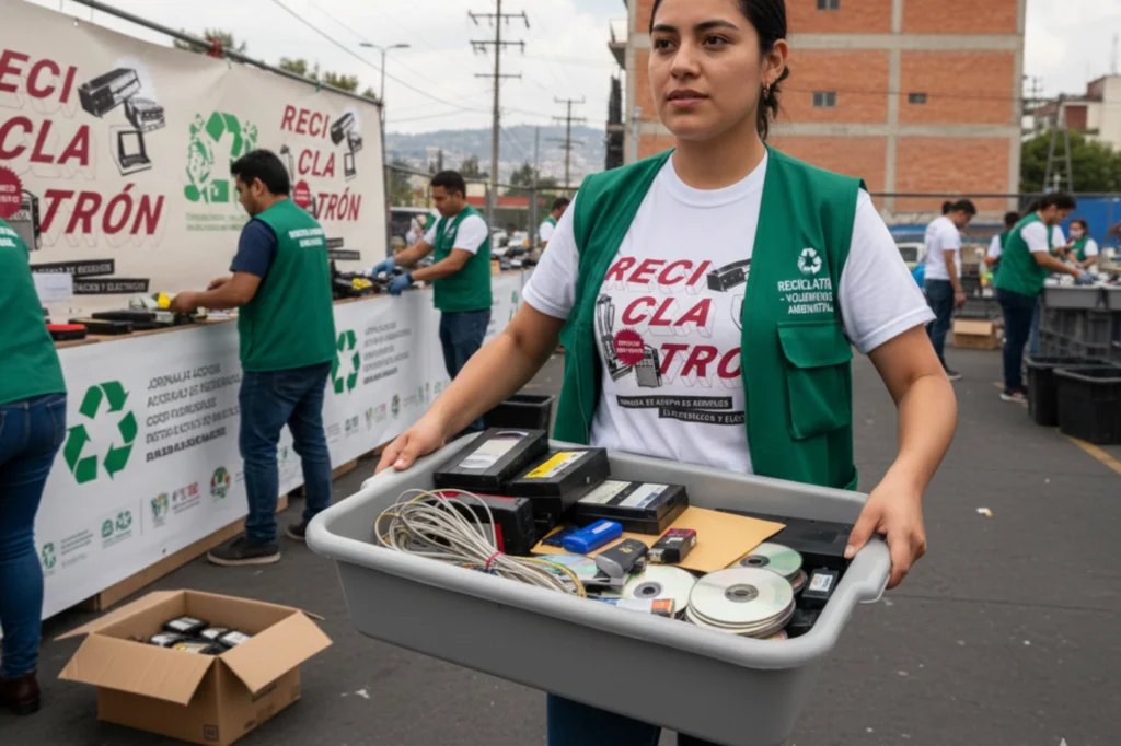 Personal del reciclatrón en CDMX recolectando residuos electrónicos durante una jornada de acopio ciudadano.