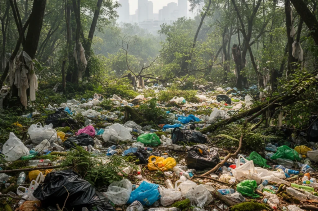 Acumulación de desechos plásticos en bosque urbano que evidencia la importancia de la norma ambiental de plásticos en CDMX.