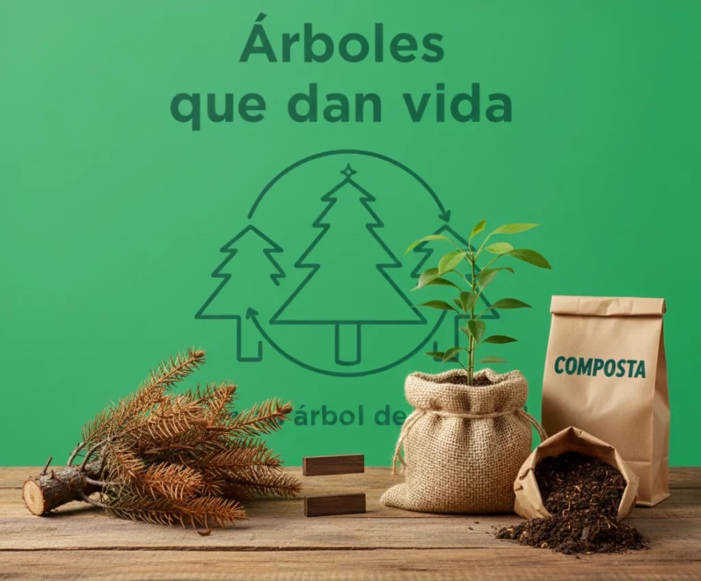 Material orgánico y pequeñas plantas obtenidas tras reciclar árboles de navidad en la campaña Árboles que dan Vida