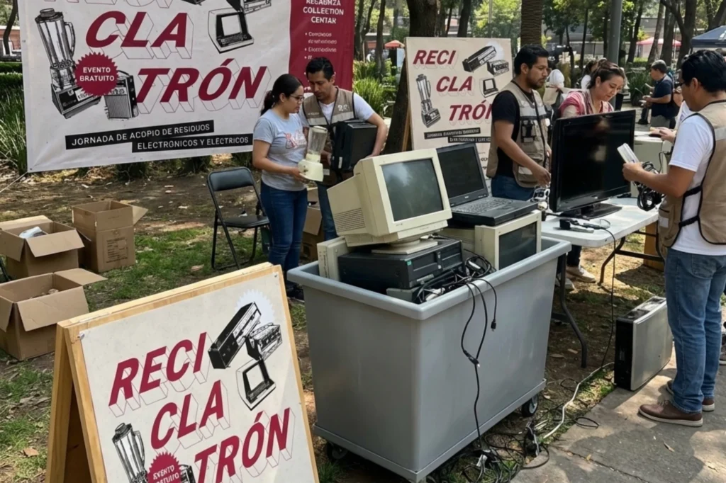 Campaña de reciclaje electrónico en espacio público con participación ciudadana y manejo adecuado de tecnología usada.