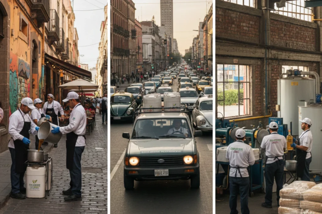 Recolectores y unidad móvil transportando aceite residual para reciclaje bajo los lineamientos de gestión de aceite usado en la Ciudad de México.