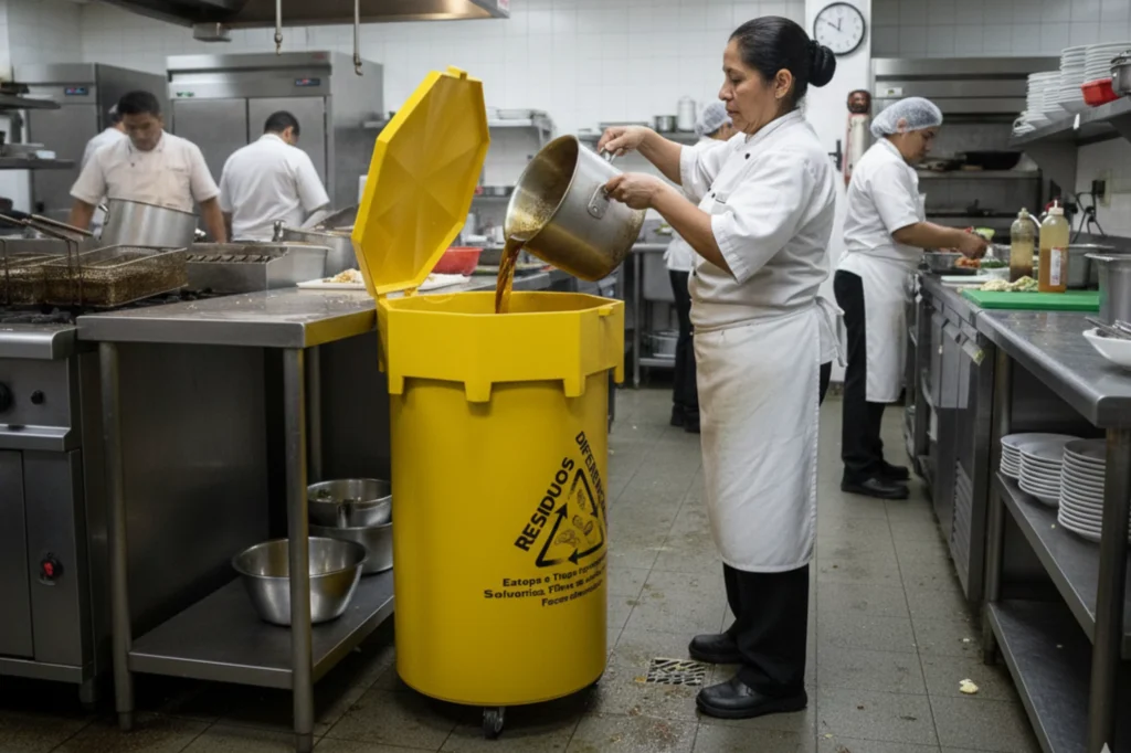 Personal de cocina vaciando aceite usado en un contenedor especializado, siguiendo la norma ambiental para el manejo de aceites residuales en CDMX.