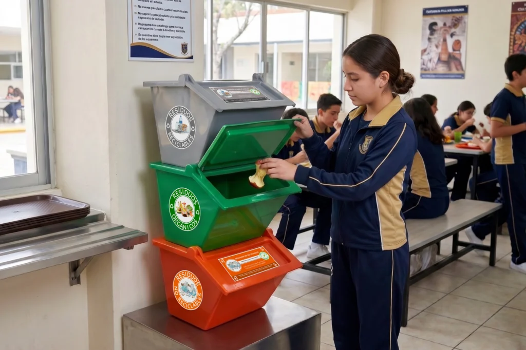 Reciclaje en escuelas con estudiantes separando residuos reciclables en contenedor escolar de polímero de alta resistencia
