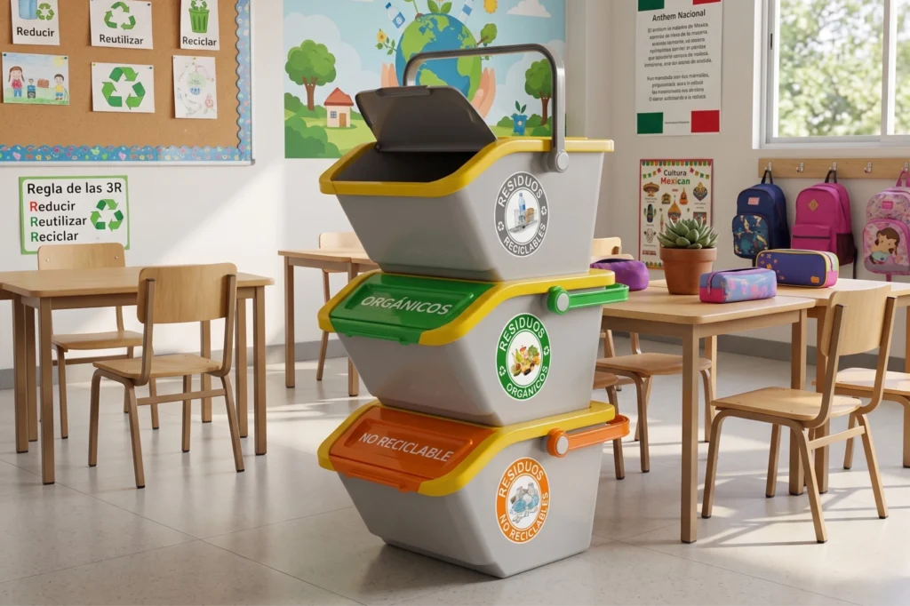 Vista detallada de la torre de cestas RECI-CEST 30 en un aula mexicana vacía, destacando su diseño vertical y cómo su presencia fomenta el reciclaje en al crear una zona clara y organizada para clasificar residuos.