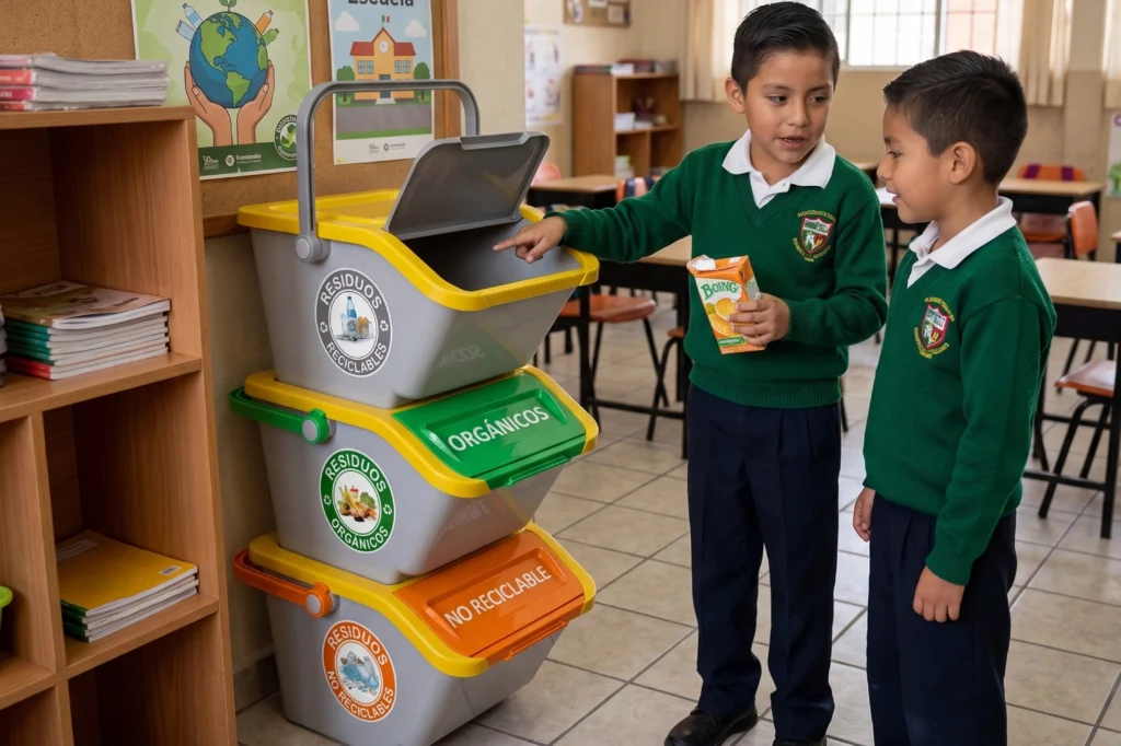 Un alumno en uniforme de escuela secundaria señala la cesta de inorgánica de la torre RECI-CEST 30 mientras otro observa, mostrando cómo el diseño accesible e interactivo promueve el reciclaje al hacerlo fácil.