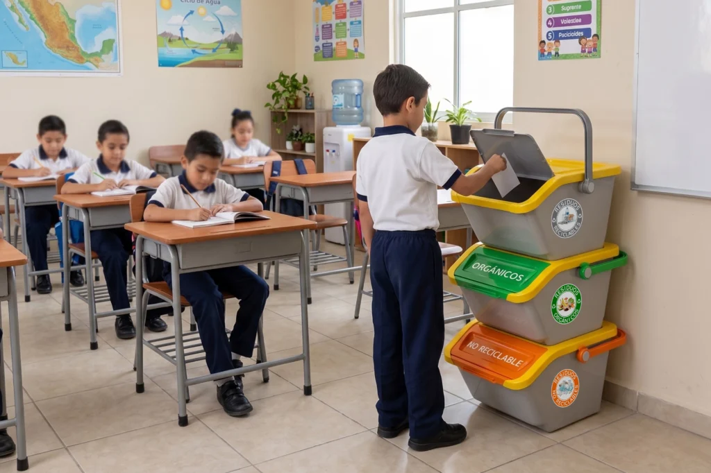 Un estudiante con uniforme de escuela primaria deposita un papel en la cesta superior de la RECI-CEST 30, demostrando cómo este sistema vertical y visual facilita el reciclaje dentro del aula de clases.
