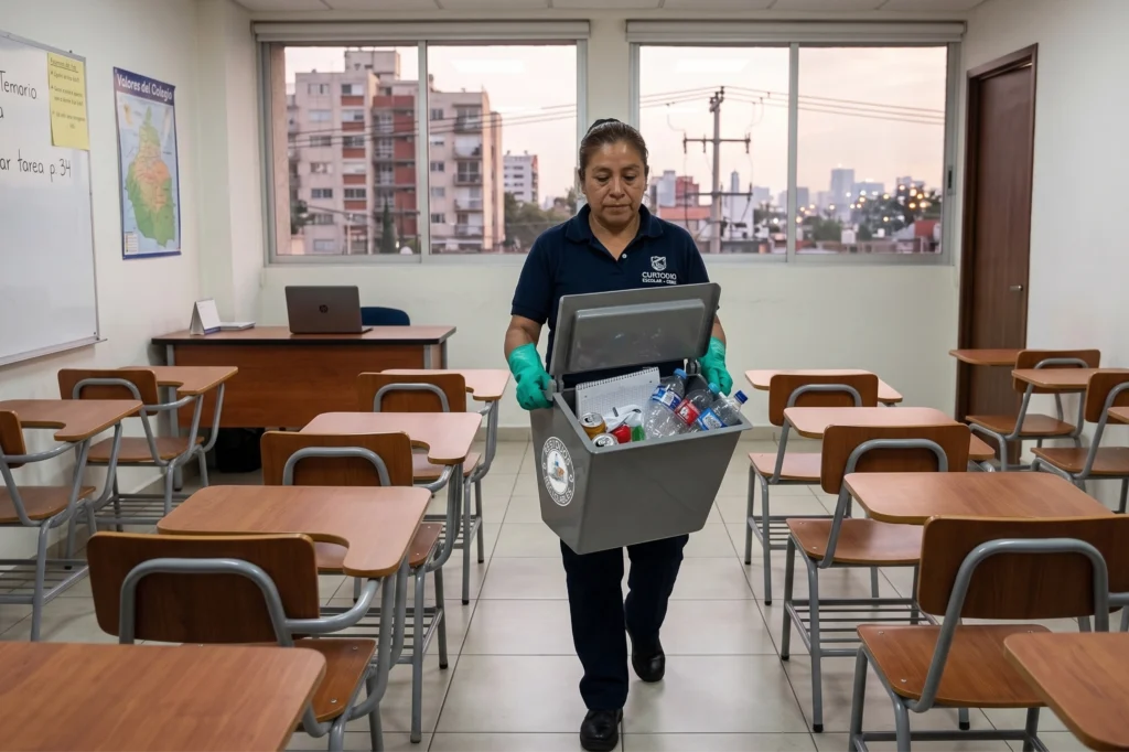 Gestión de residuos en aulas con personal de limpieza transportando contenedor de reciclables en aula