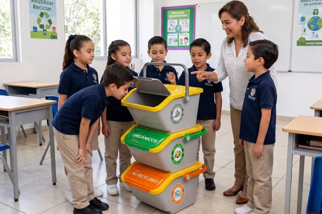 Un grupo de cinco alumnos y su maestra interactúan con la estación de reciclaje RECI-CEST 30, destacando cómo el trabajo en equipo y la supervisión refuerzan la enseñanza y la comprensión de colores.