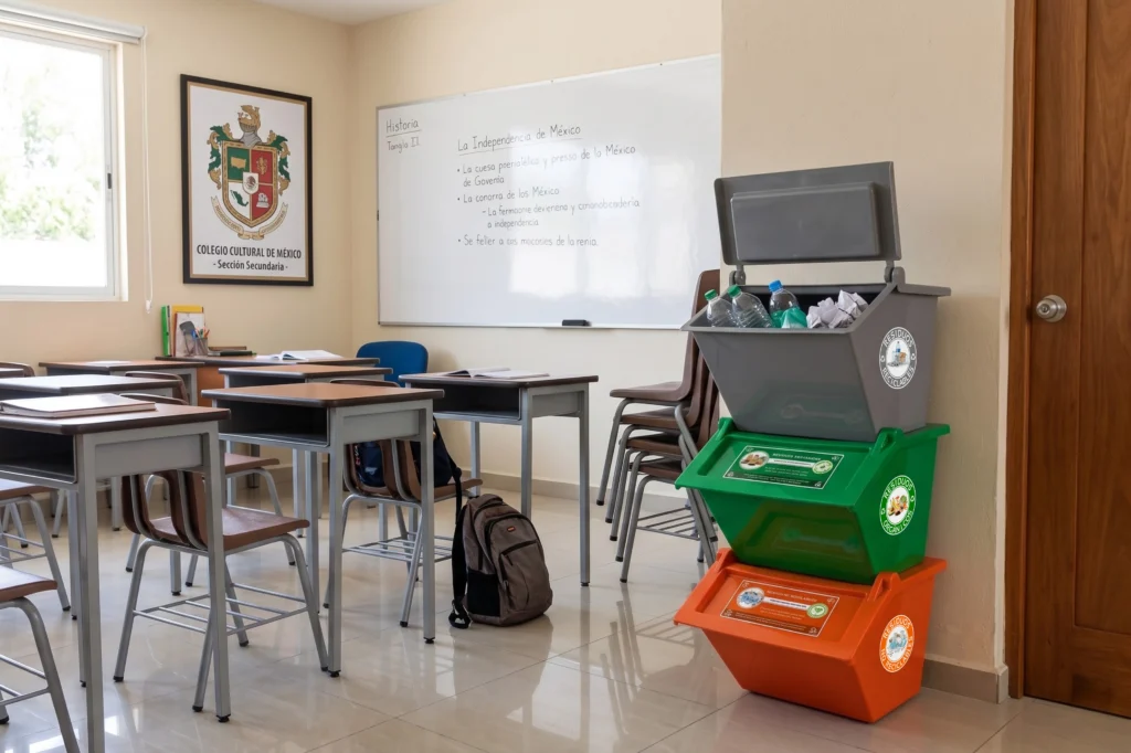 Separación de residuos en entorno escolar con estación de reciclaje de tres niveles en salón de clases