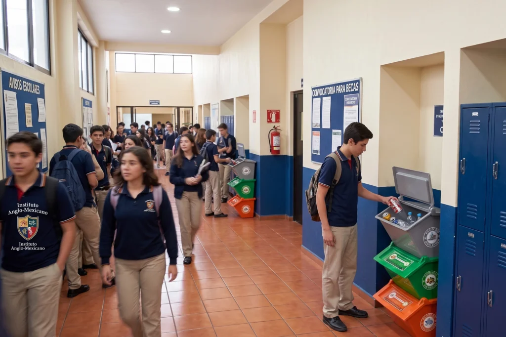 Sistema de reciclaje escolar en pasillos con alumnos depositando botellas y latas en contenedores diferenciados