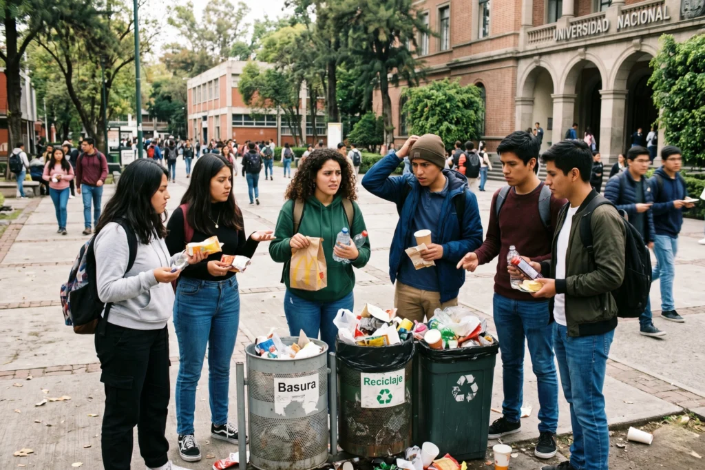 Estudiantes confundidos frente a botes saturados antes de implementar una estación de reciclaje en la universidad