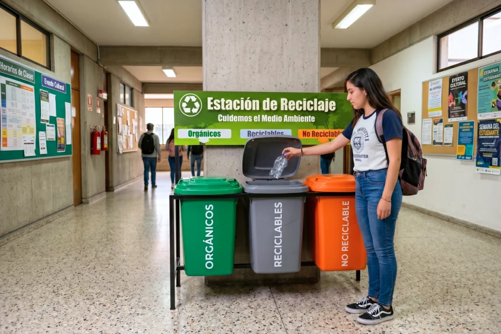 Estación de reciclaje en pasillo universitario para facilitar la separación de residuos entre alumnos